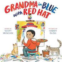 GRANDMA IN BLUE WITH RED HAT